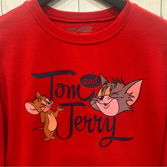 Tom & Jerry Women's Blue/White Striped Sleeve Graphic Red Sweatshirt Medium - Picture 3 of 13